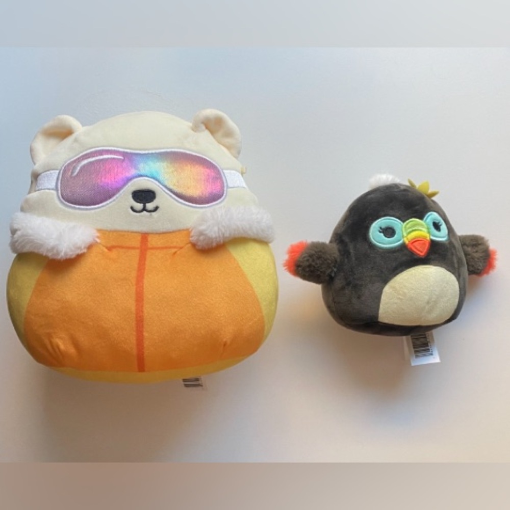 Squishmallow Bundle Brooke Polar 9” Bear Ski Glasses Tito the Toucan 6” Stuffy